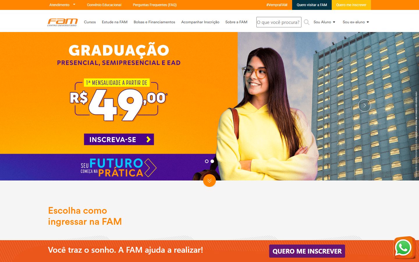 Página inicial do site FAM · Portal institucional